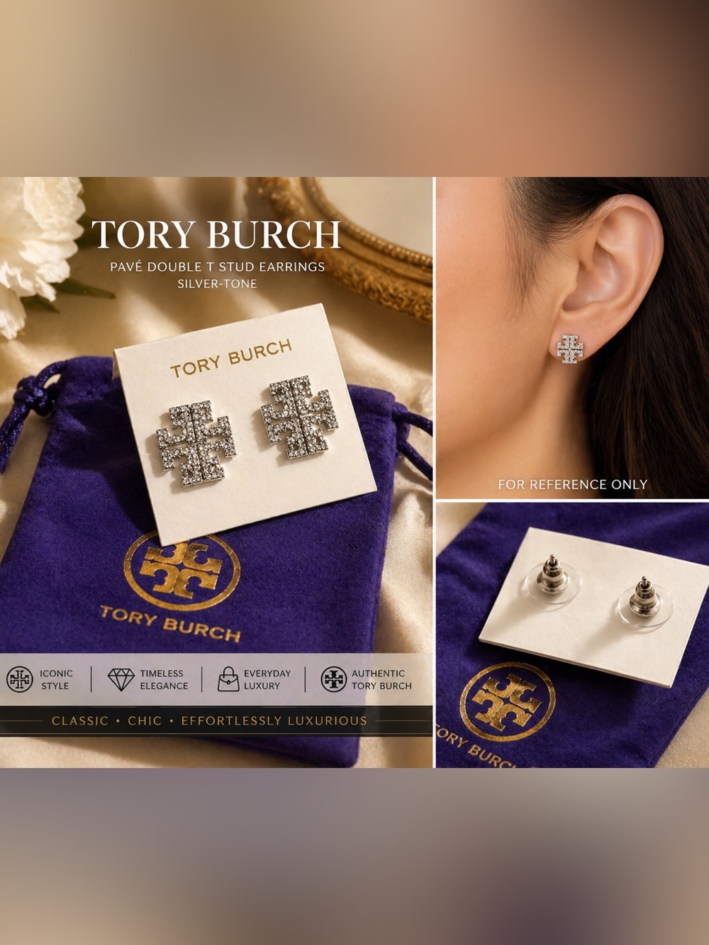 Tory Burch Double T Pavé Crystal Stud Earrings – Silver Tone w/ Dust Bag